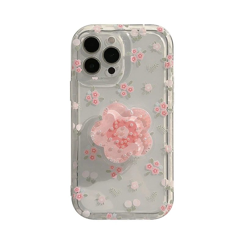 Quicksand Pink Flower Stand Case for iPhone 16 15 14 13 12 11 Pro Max