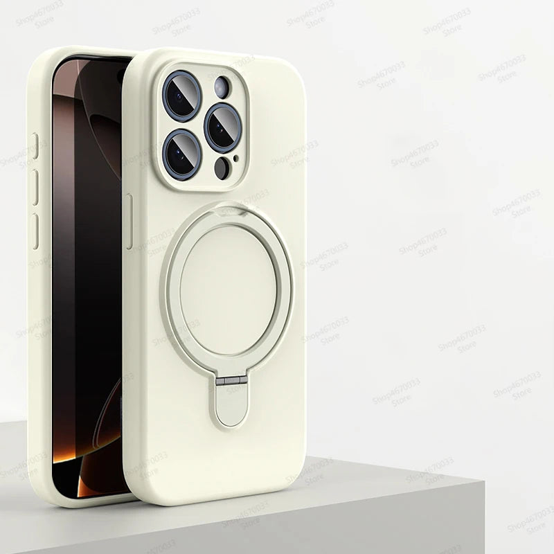 Magnetic Silicone Case with Kickstand Ring for iPhone 15 16 Pro Max Plus
