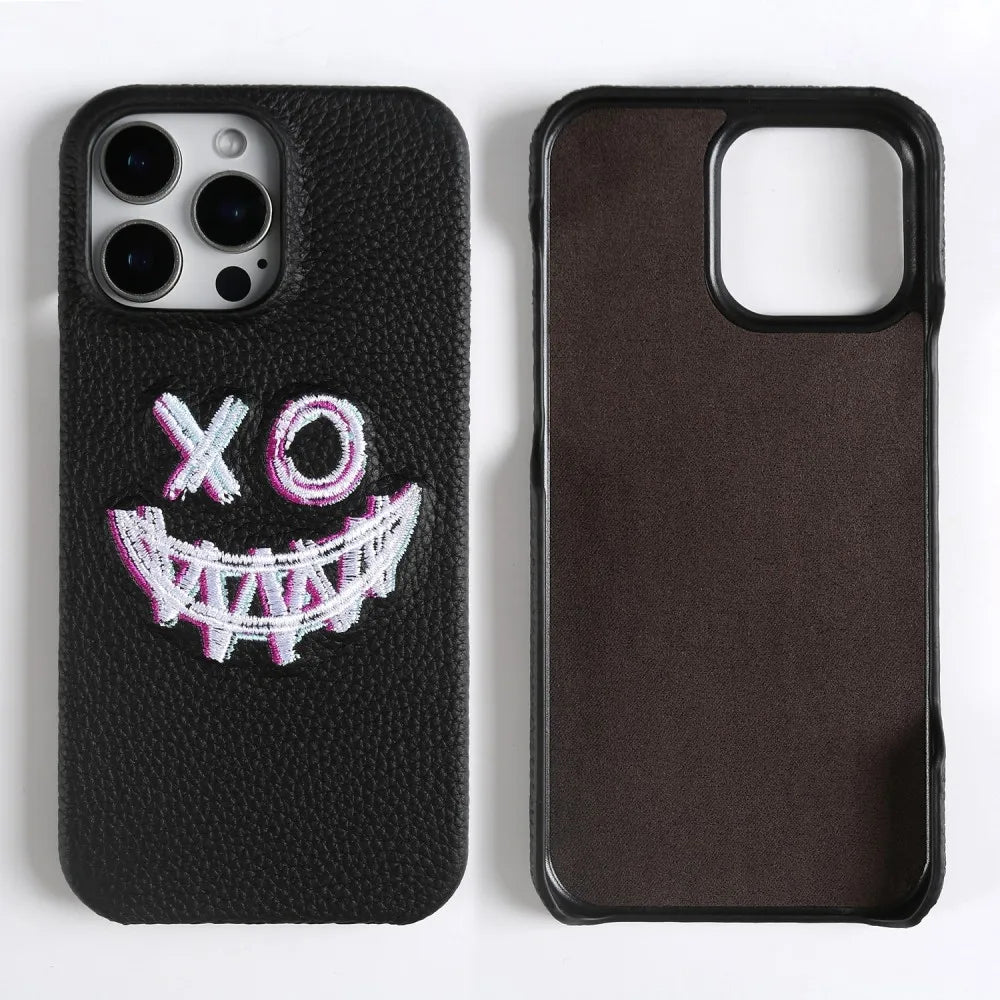 Stylish Embroidered Genuine Leather Case for iPhone 16 Pro Max to 11