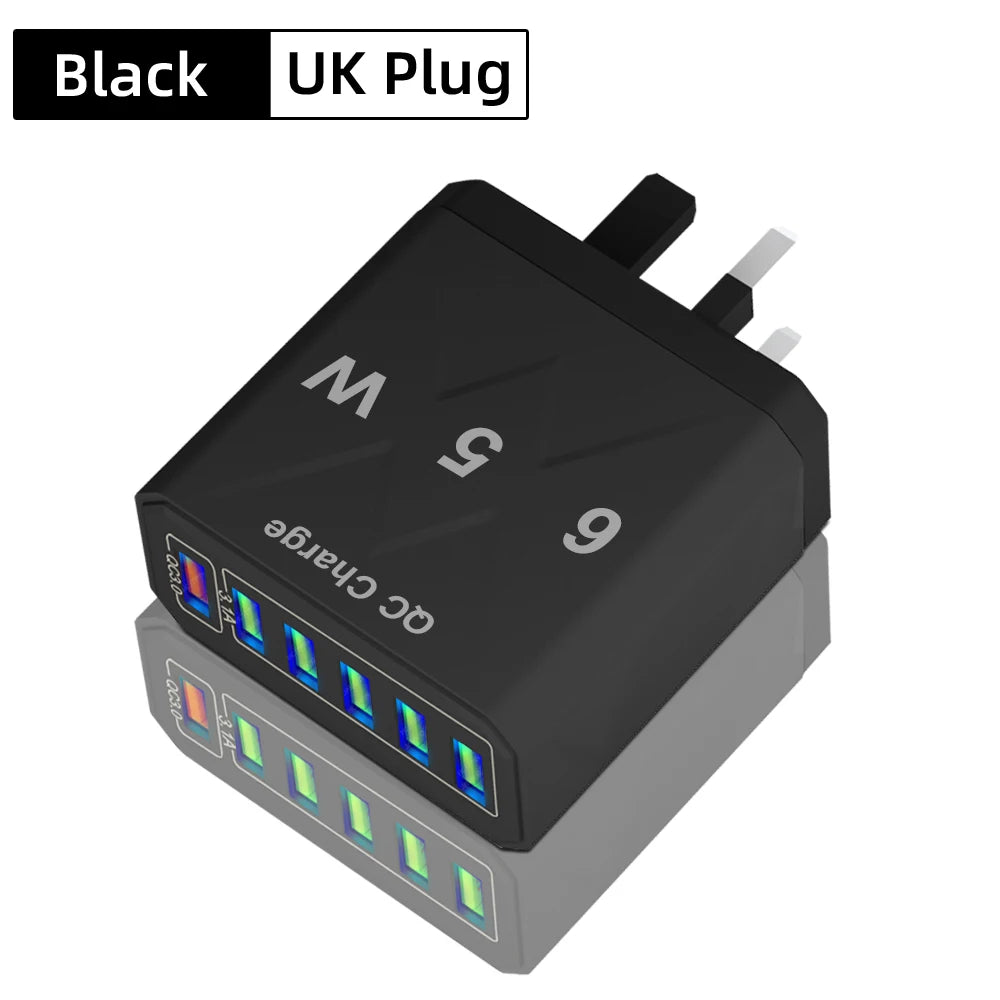 65W 6-Port USB Fast Charger QC3.0 Travel Adapter for iPhone Samsung Xiaomi