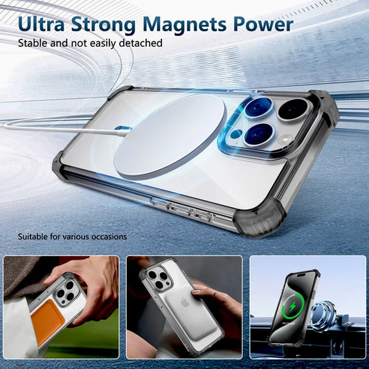 Shockproof Armor Transparent Case for iPhone 16 15 14 13 12 Pro Max Plus with MagSafe