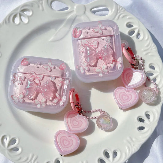 Crystal Butterfly Pink Case for AirPods 4 2 3 Pro 2 with Keyring Earphone Funda