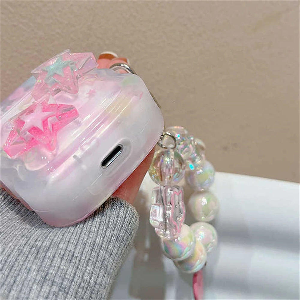Korean 3D Pink Star Case with Heart Bead Pendant for AirPods 1 2 3 Pro 2 Soft