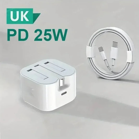 Foldable UK Plug 25W USB-C Fast Charger QC3.0 PD Adapter for iPhone 16 15