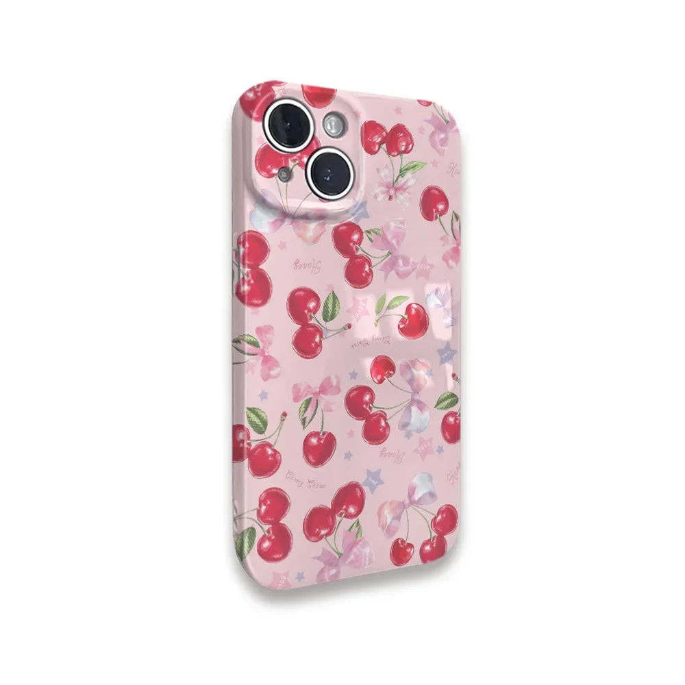 INS Pink Cherry Cartoon Full Screen Phone Case for iPhone 11–16 Pro Max Mini