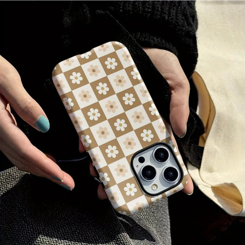 Luxury Plaid Flower Case for iPhone 16–7 Pro Max Fashion Double Layer