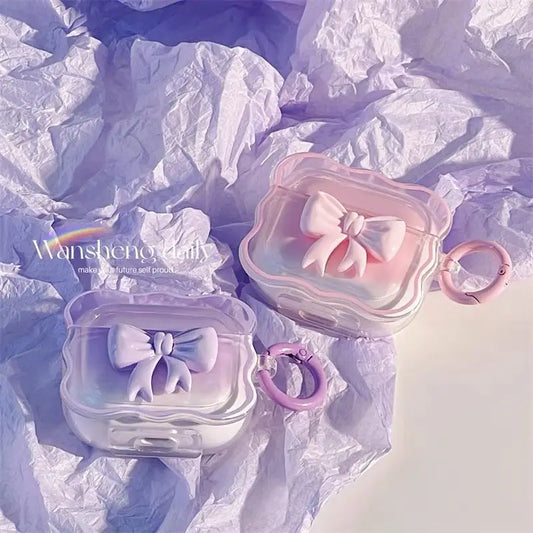 3D Bow Wave Pink Floral Case with Keychain for AirPods 1 2 3 4 Pro Wireless