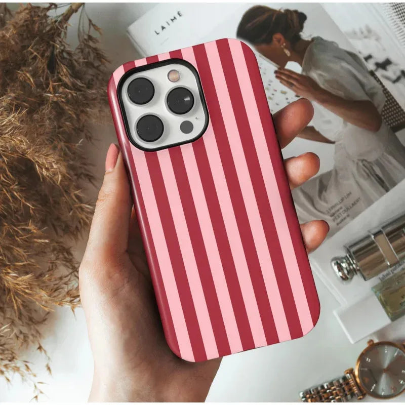 Pink Stripes 2-in-1 Glossy Case – Tough Protective Cover for iPhone 7–17 Series