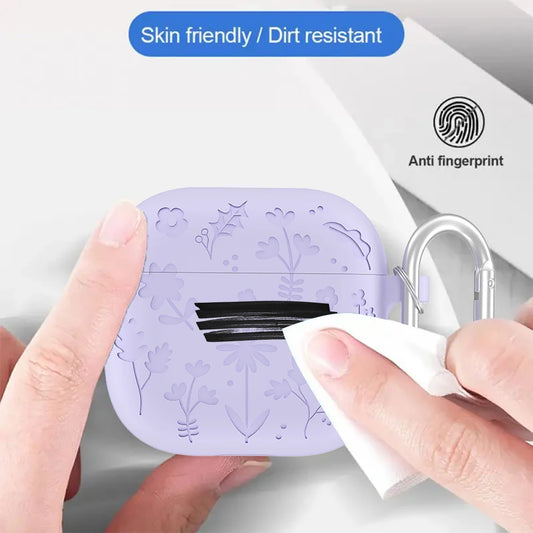 Creative Floral Engraved Silicone Case for AirPods 4 with Keychain