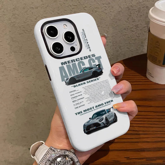 Cool Silver Car Racing Phone Case for iPhone 16 15 14 12mini 7Plus XR Glossy 2in1