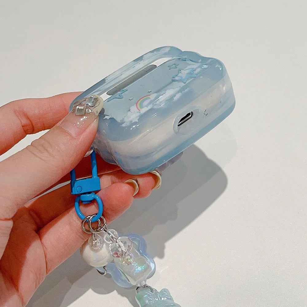 Cute Star Cloud Rainbow Soft Case with Blue Pendant for AirPods 2 3 Pro 2 4