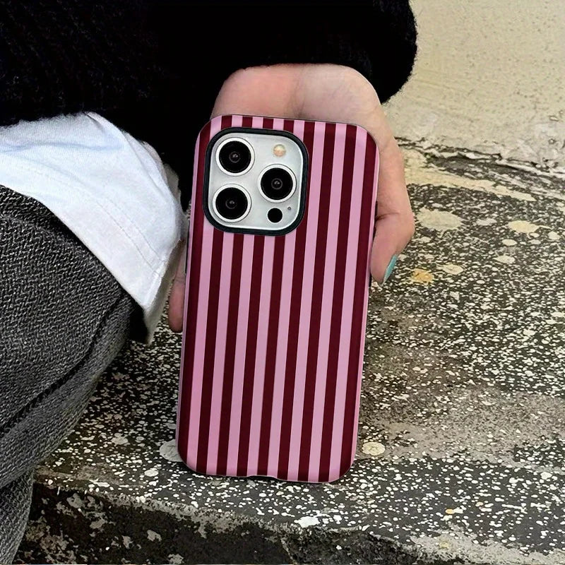 Fashion Pink & Black Stripe Case – Luxury Double-Layer Cover for iPhone 17–7 Series