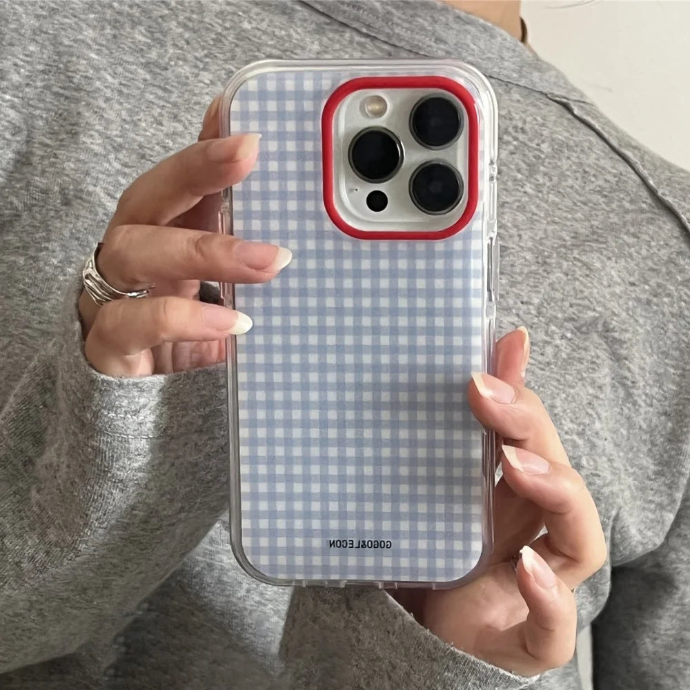 Korean INS Blue Checkered Grid Case with Contrasting Chain for iPhone 16–11 Series