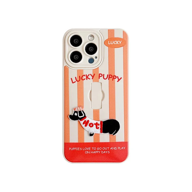 Cute Dachshund Ring Holder Case for iPhone 11–16 Pro Max – Stripe Design