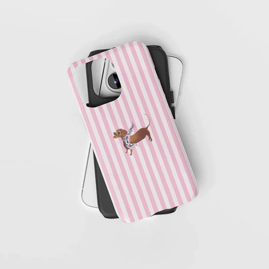 Fashionable Puppy and Stripes Phone Case for iPhone 16 Pro Max 15 14 13 12 XR