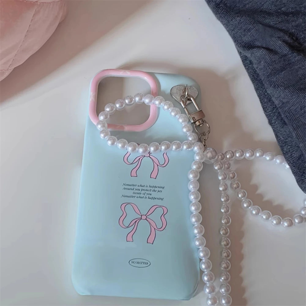 Korean Bow & Pearl Pendant Case for iPhone 11–15 Pro Max – Shockproof Cute