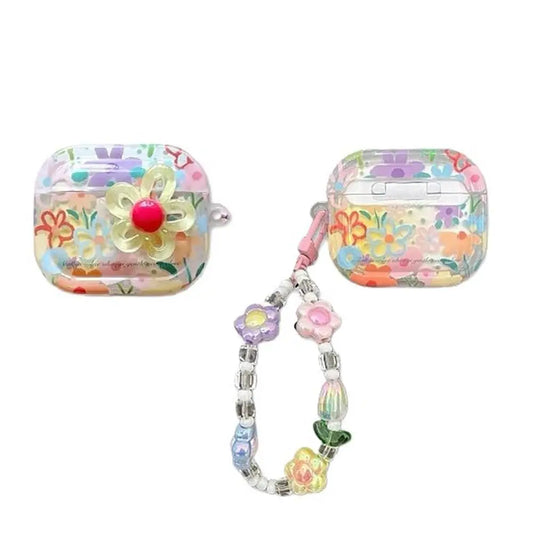 Flower TPU Earphone Case with Beaded Keychain | Shockproof for AirPods 1–4