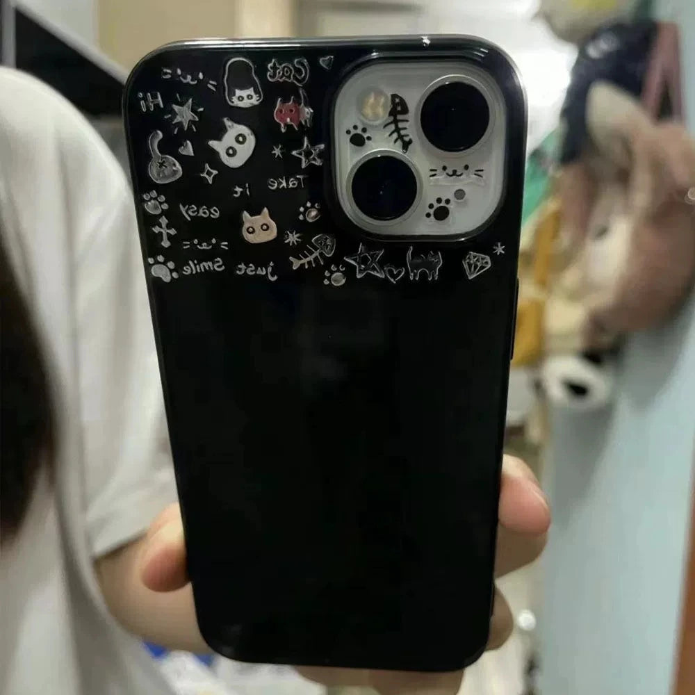 iPhone Case Ins Sweet Cool Graffiti Cat Fish Bone 11–16 Series