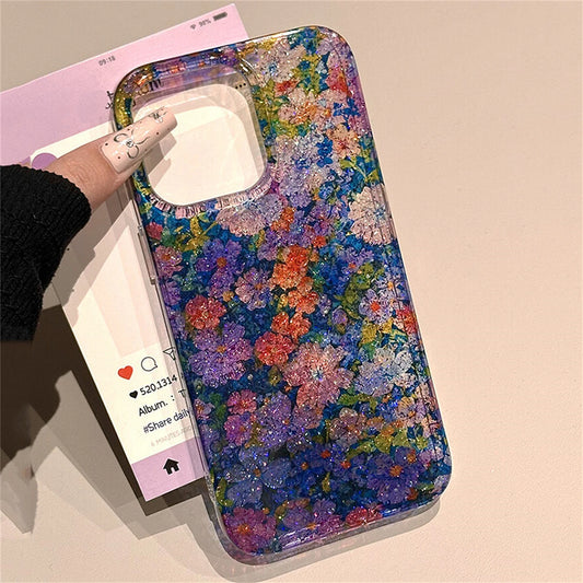 Retro Floral Oil Painting Phone Case for iPhone 16, 15, 14, 13 Pro Max, Sequins
