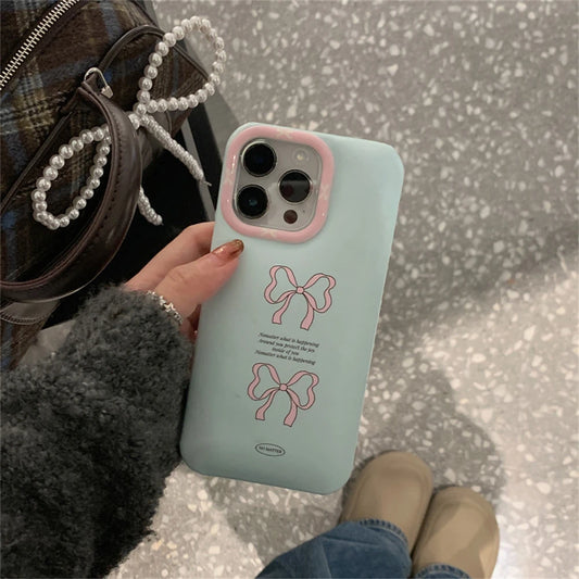 Korean Bow & Pearl Pendant Case for iPhone 11–15 Pro Max – Shockproof Cute
