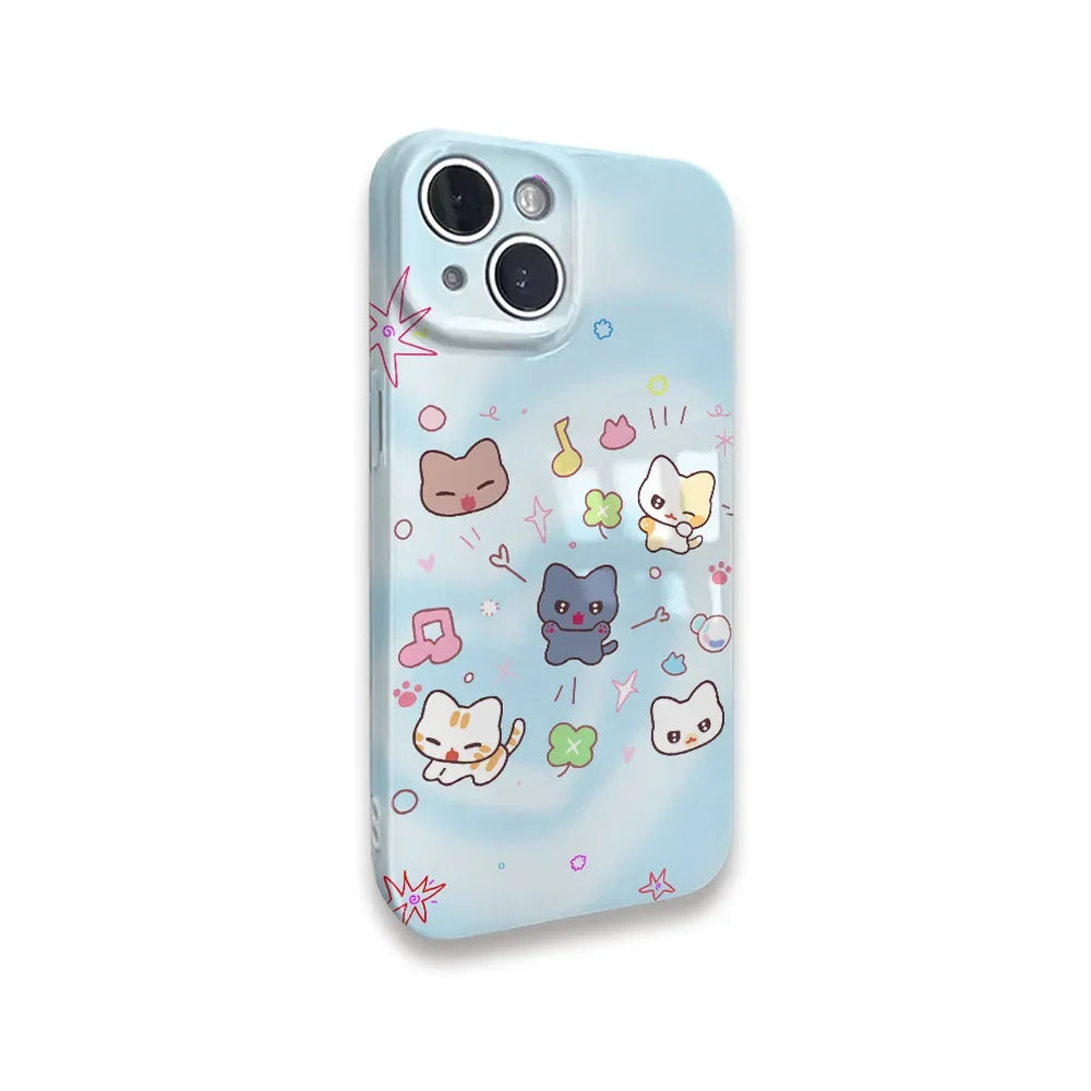 Korean INS Blue Gradient Music Cat Case for iPhone 16 Pro Max 14 13 11 X