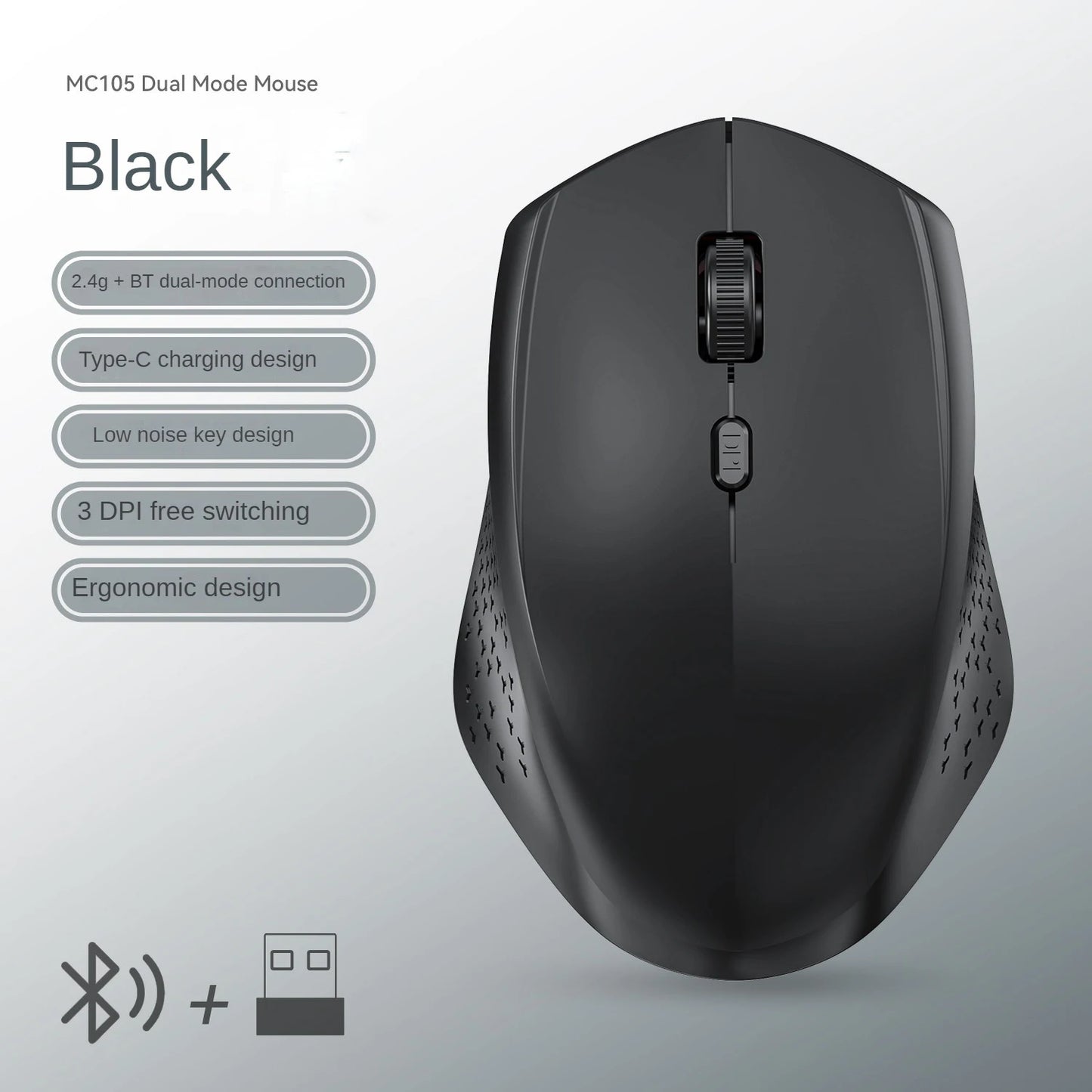 Bluetooth 5.2 + 2.4G Dual-Mode Wireless Mouse 6 Keys 1600DPI Rechargeable Gaming Mouse