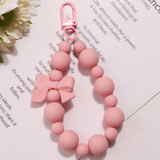 Sweet Pink Bow Beaded Keychain – Phone Strap, Earphone Bag & Keyring Charm