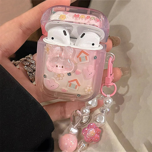 Cute 3D Rabbit Case with Heart Bead Pendant for AirPods 1 2 3 Pro 2 Soft Cover