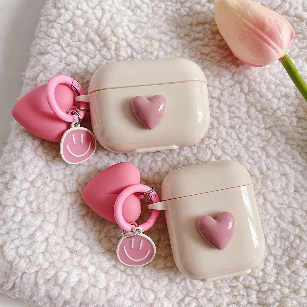 Cute 3D Heart Silicone Case for AirPods Pro 2/3 with Keyring Charm