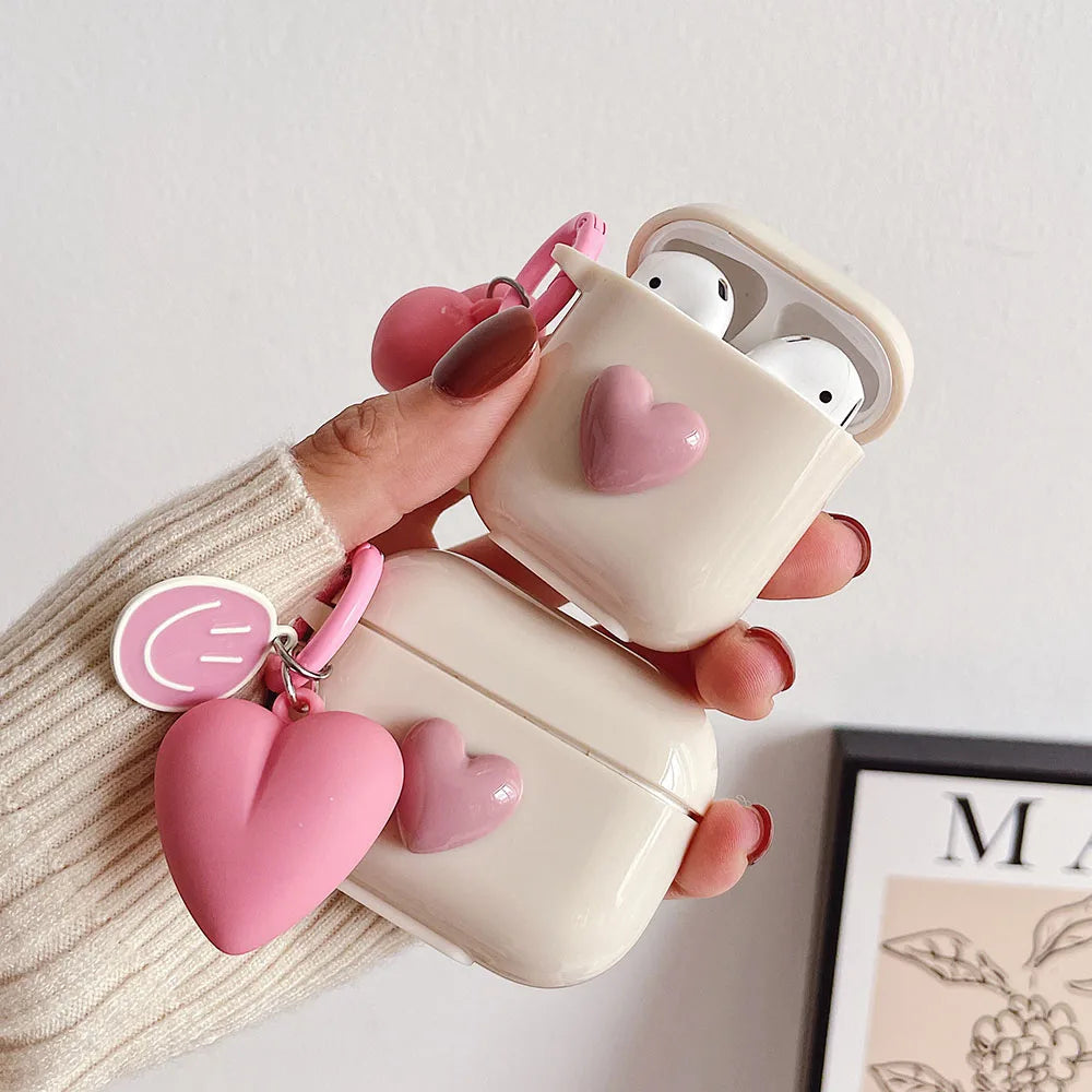 Cute 3D Heart Silicone Case for AirPods Pro 2/3 with Keyring Charm