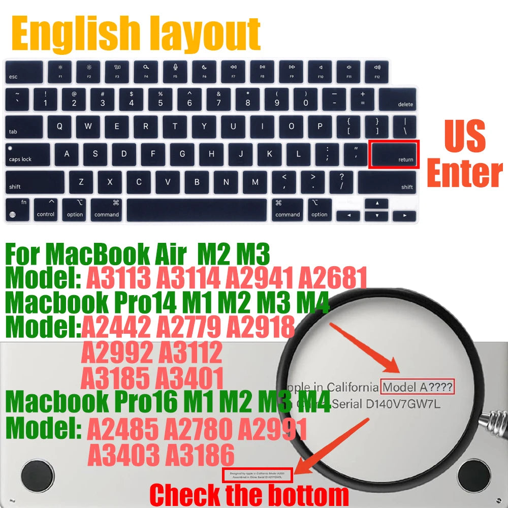 Keyboard Cover for MacBook Pro/Air 2022–2024 M1–M4 Chip 14–16 Inch