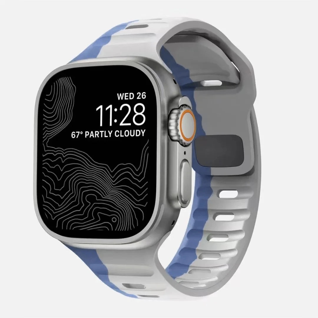 Durable and comfortable silicone strap compatible with Apple Watch Series 5–9 & Ultra.
