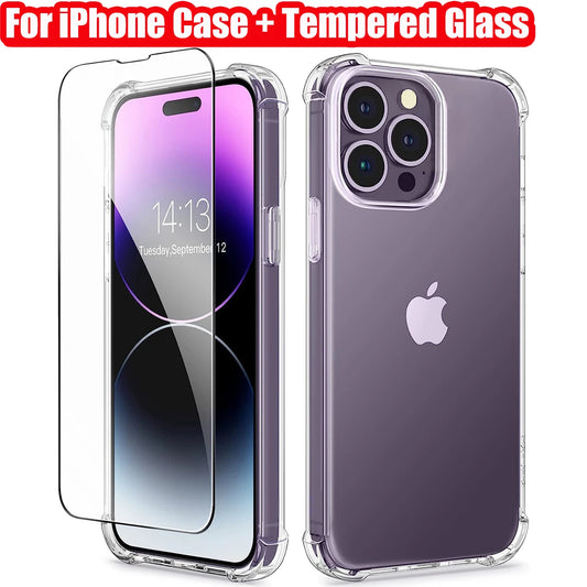 Clear Anti-Burst Phone Case with Tempered Glass for iPhone 14 13 12 11 XR XS
