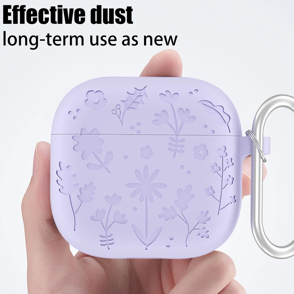 Creative Floral Engraved Silicone Case for AirPods 4 with Keychain