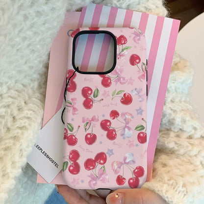 INS Pink Cherry Cartoon Full Screen Phone Case for iPhone 11–16 Pro Max Mini