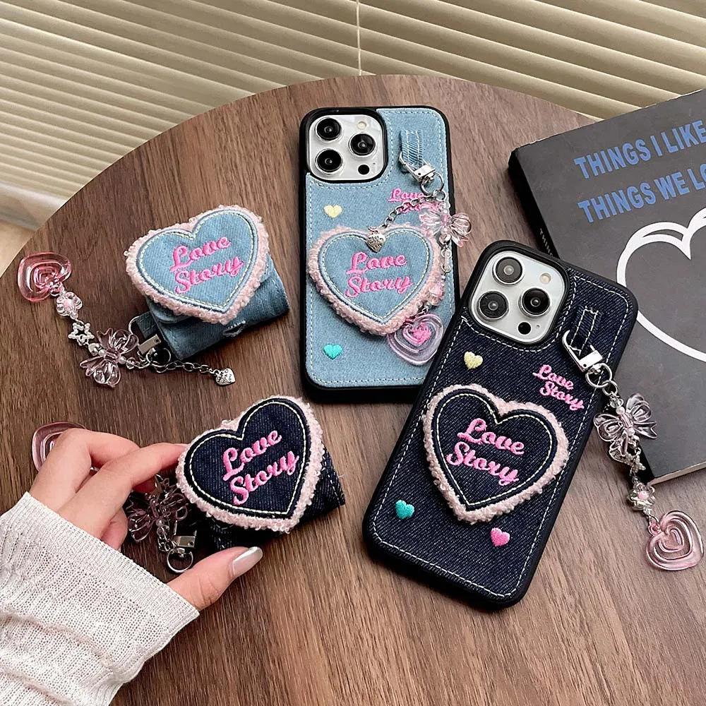 Denim Heart Pendant Case for iPhone 15 14 13 12 11 Pro Max Soft Bumper