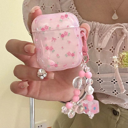 Cute Pink Flower AirPods Case with Pearl Keychain for Pro 1/2/3/4 Gen