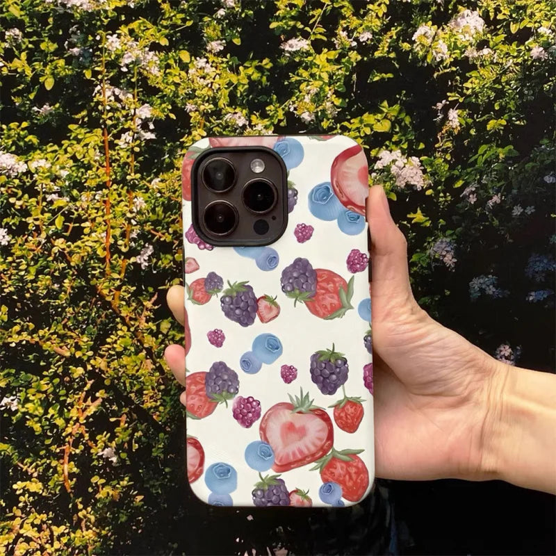 Cute Fruit Pattern 2-in-1 Glossy Tough Case for iPhone 17 Air 16 Pro Max 15 14 XR