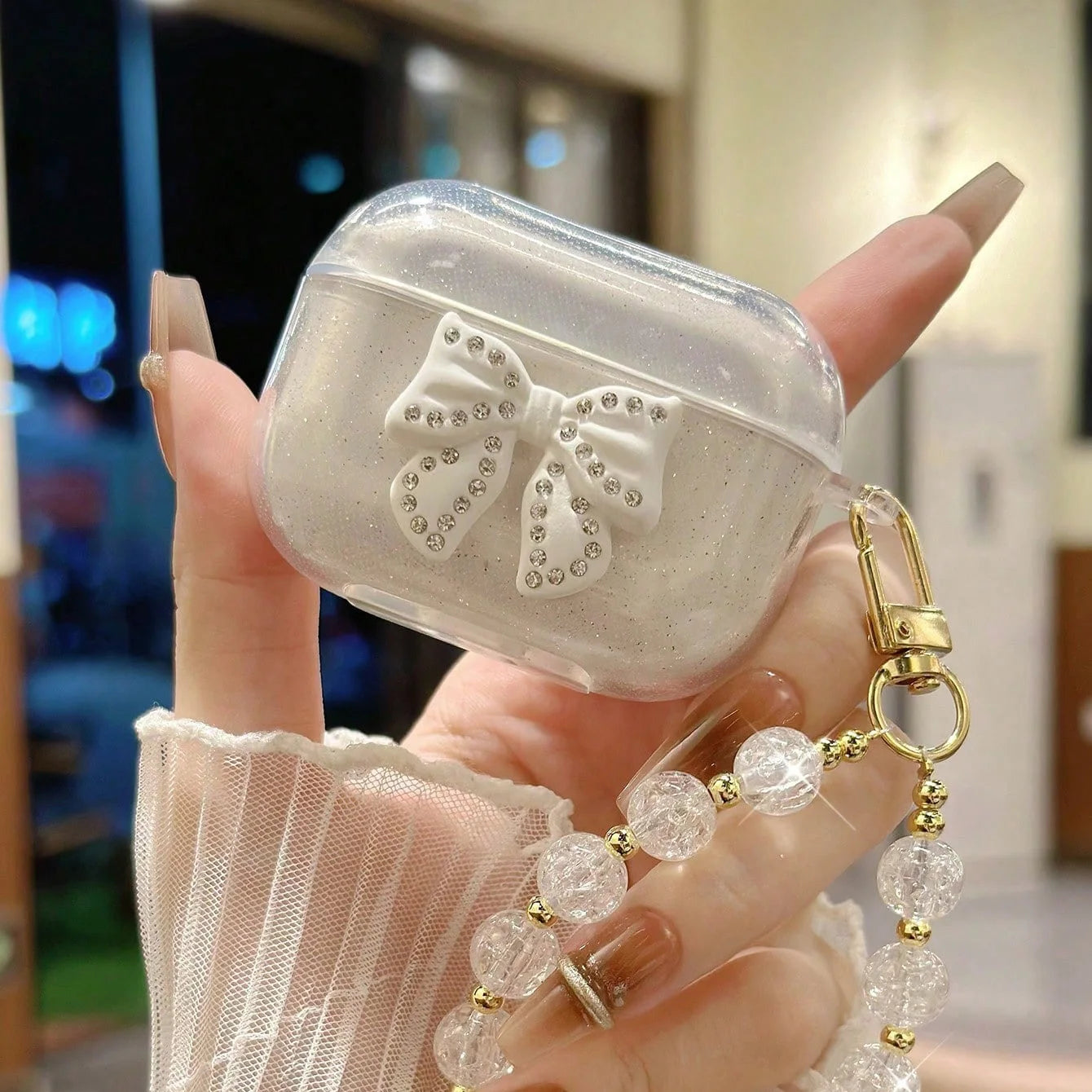 Glitter Bow TPU Case for AirPods Pro/Pro 2/3/4 with Crystal Pendant