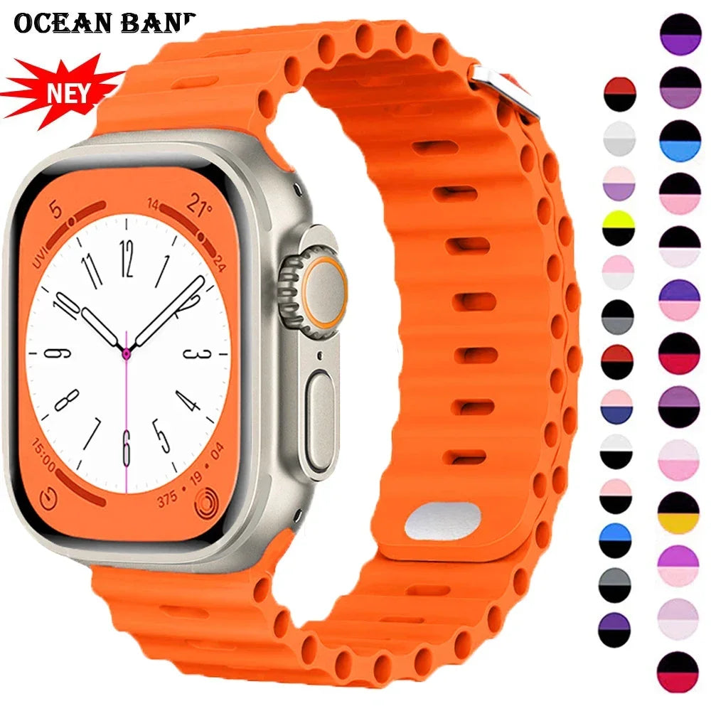 Ocean Silicone Strap for Apple Watch Ultra 2 & Series 9–3 SE, Adjustable 40–49mm Band