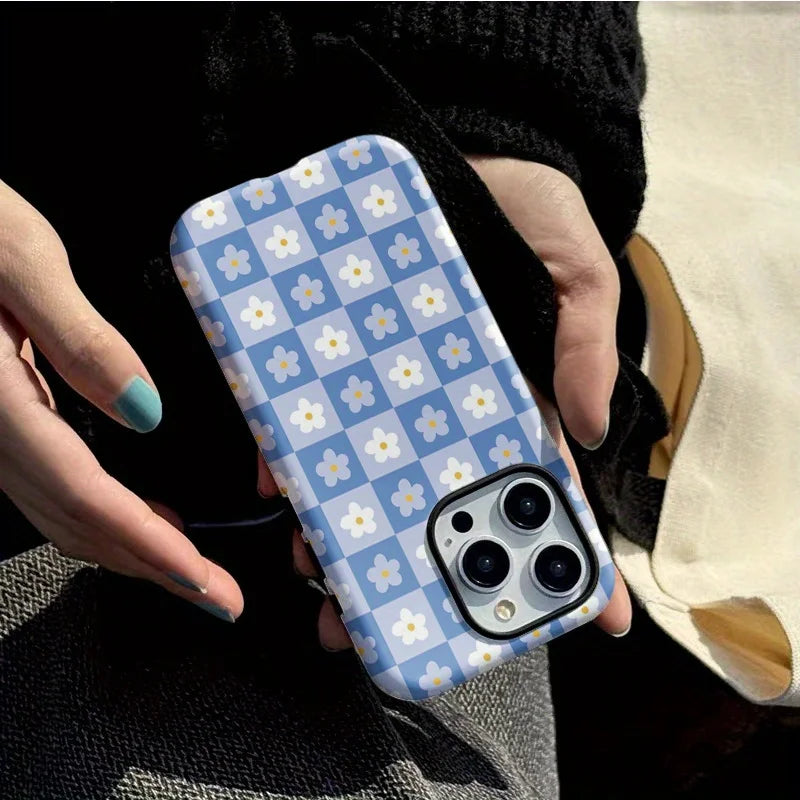 Luxury Plaid Flower Case for iPhone 16–7 Pro Max Double-Layer Cover