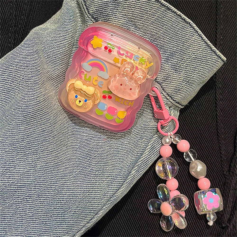 Korean 3D Rabbit Bear AirPods Case with Wavy Border & Beaded Pendant