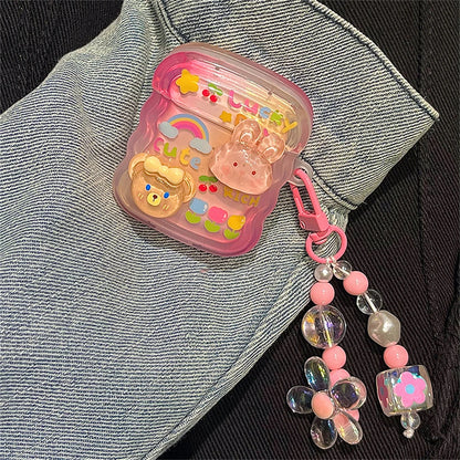Korean 3D Rabbit Bear AirPods Case with Wavy Border & Beaded Pendant