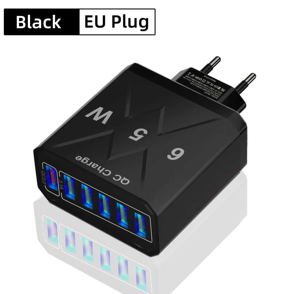65W 6-Port USB Fast Charger QC3.0 Travel Adapter for iPhone Samsung Xiaomi