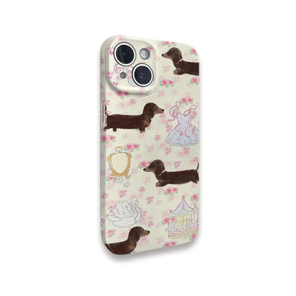 INS Floral Sausage Dog Case for iPhone 16 Pro Max 15 14 13 12 11 Pro Plus