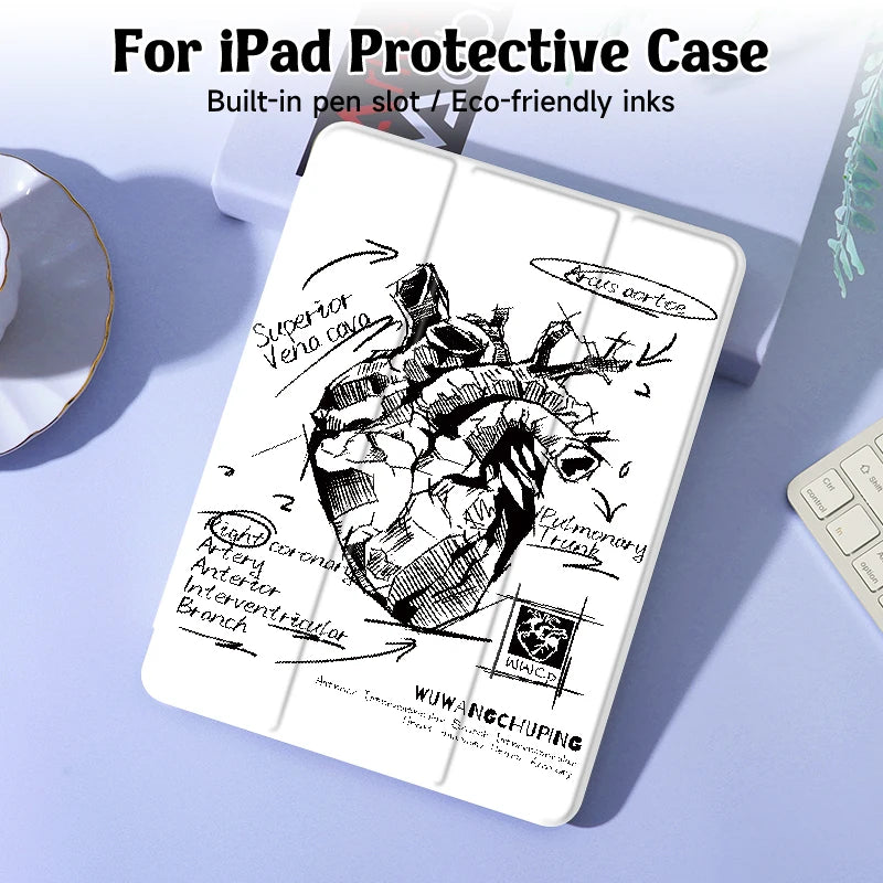 Sketch Heart iPad Case with Pen Holder – Fits 9.7", Mini 4/5, Air 4/5 10.9"