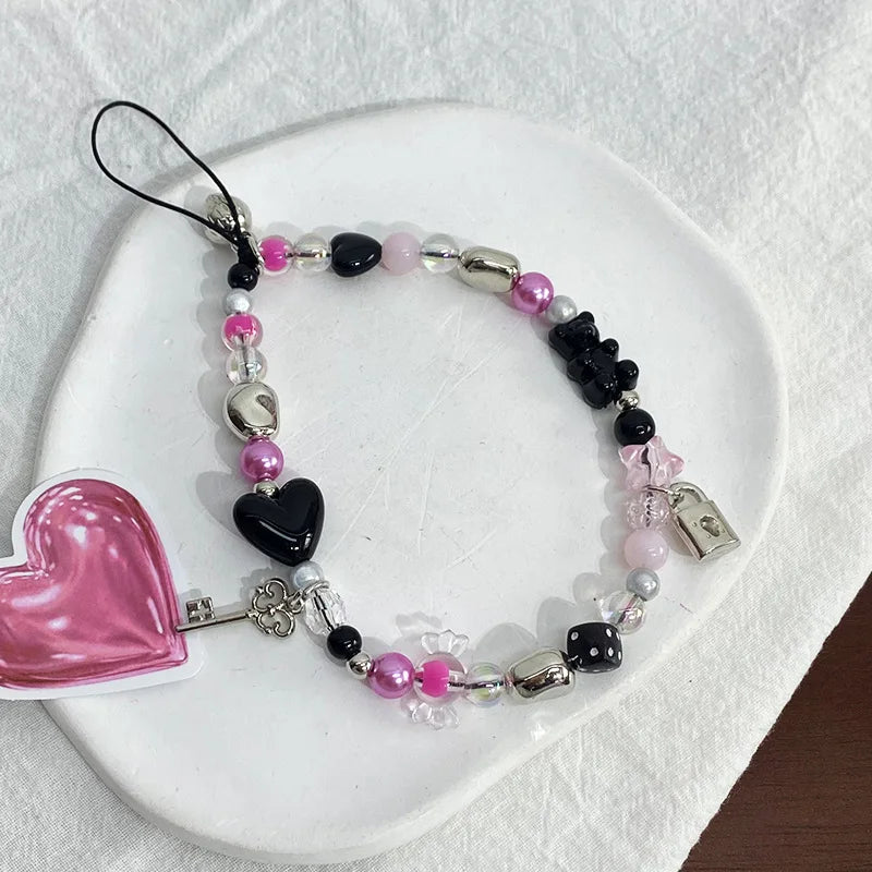 Y2K Pink Beaded Flower Butterfly Phone Charm Bracelet for iPhone