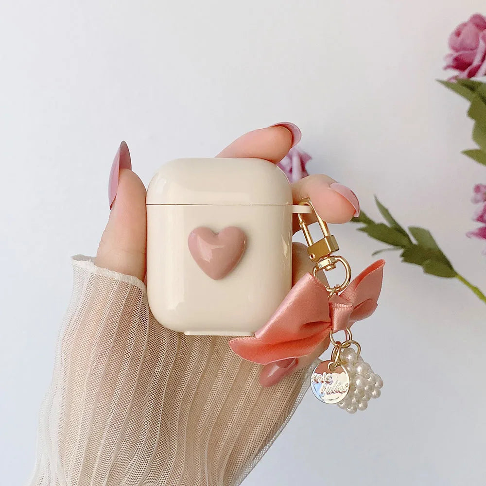 Cute 3D Heart Silicone Case for AirPods Pro 2/3 with Keyring Charm