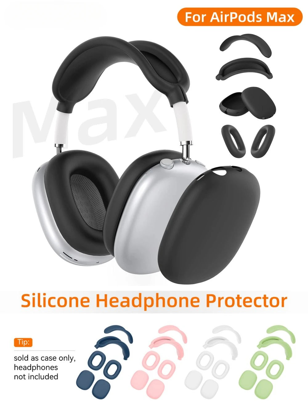 4-in-1 AirPods Max Case, Silicone & TPU Clear Cover with Shockproof Ear Pads & Headband