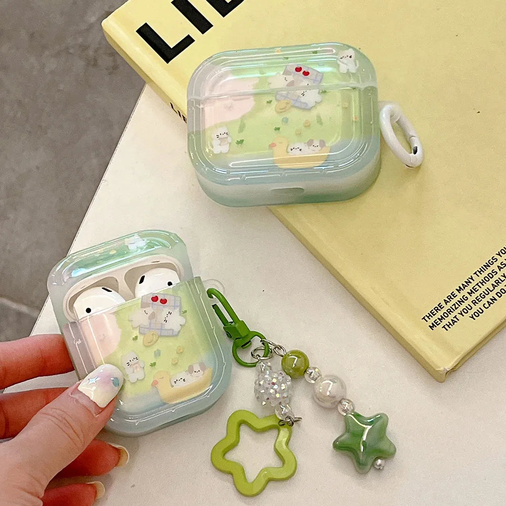 Cute Grass Dog & Cat Clear Case with Keychain for AirPods 1 2 3 4 Pro 2 Soft